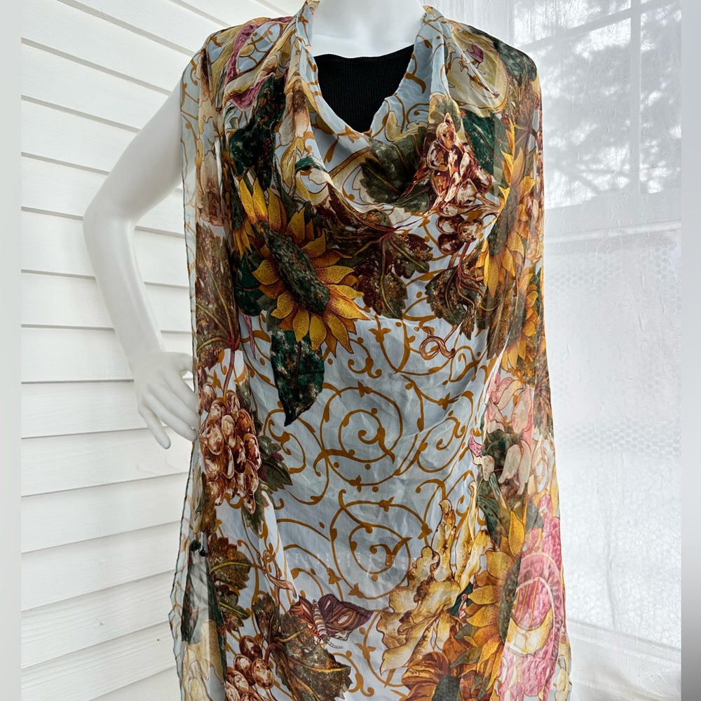 Chanel sheer scarf wrap, shawl, lightweight, sunflowers, golden, browns, CC logo